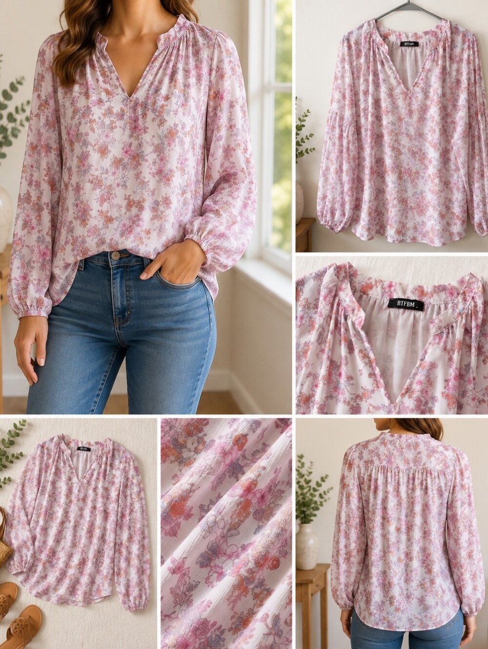 BTFBM Pink White Floral Boho V-Neck Long Sleeve Blouse Size L Coquette Romantic